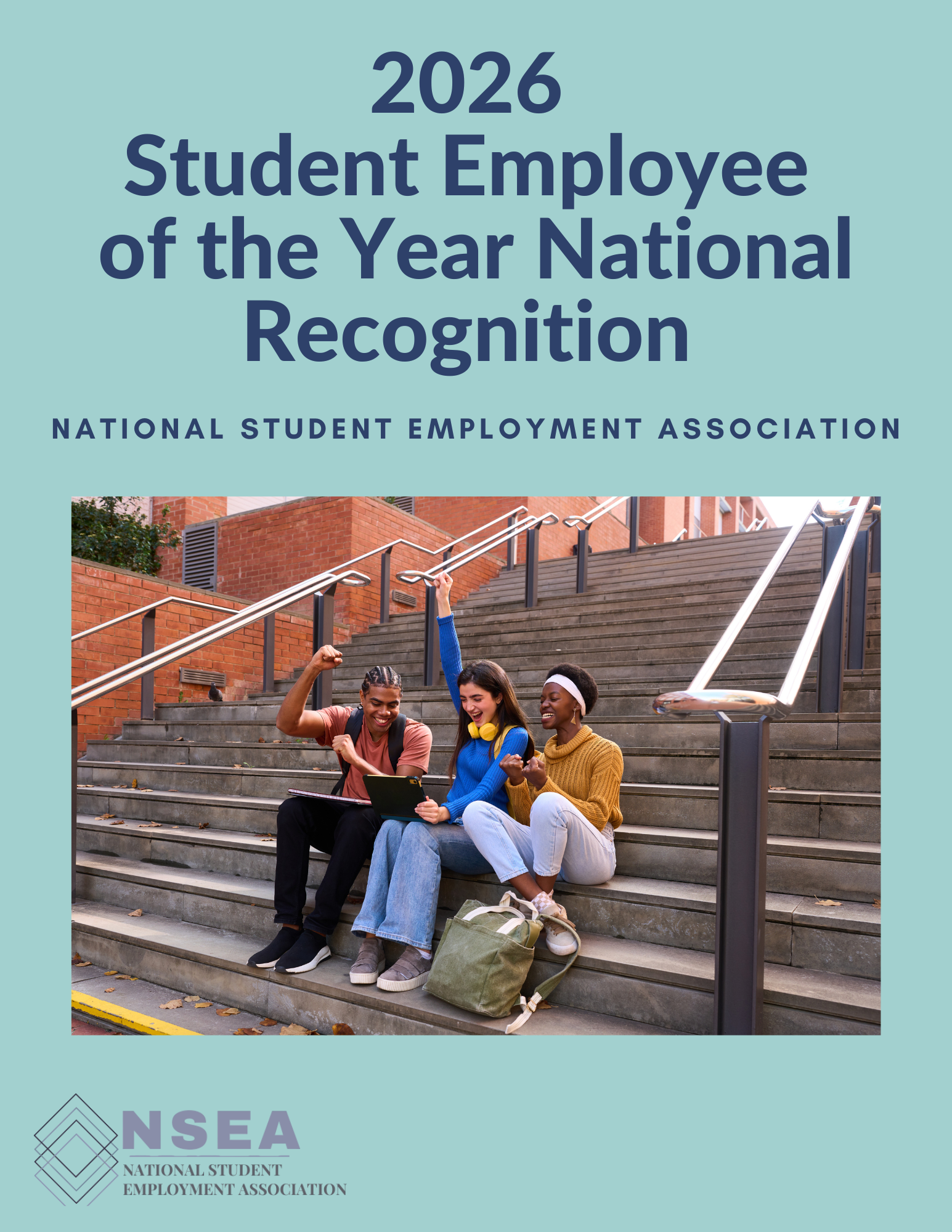 Cover image for the 2026 Student Employee of the Year Recognition flipbook depicting three students sitting on a set of outdoor stairs